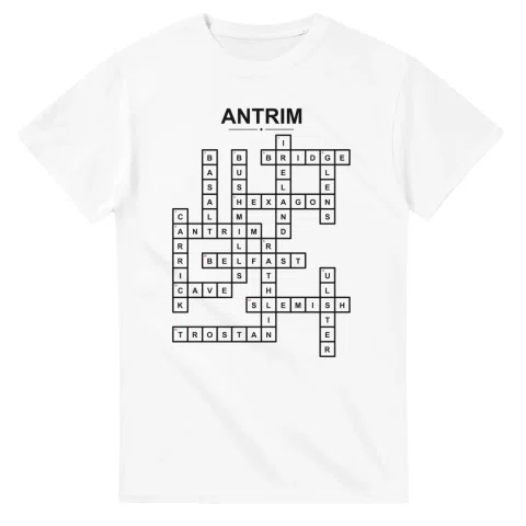 Monochrome crossword sheet for Antrim, with a large place-name heading, a letter grid, and numbered across and down clues.