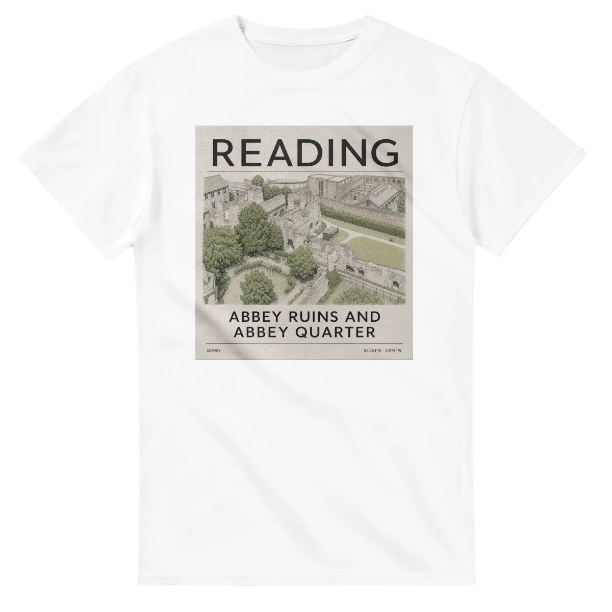Fine-line engraving-style drawing for Reading, with a landmark caption and small coordinate text.