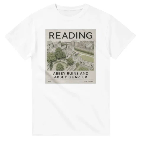 Fine-line engraving-style drawing for Reading, with a landmark caption and small coordinate text.