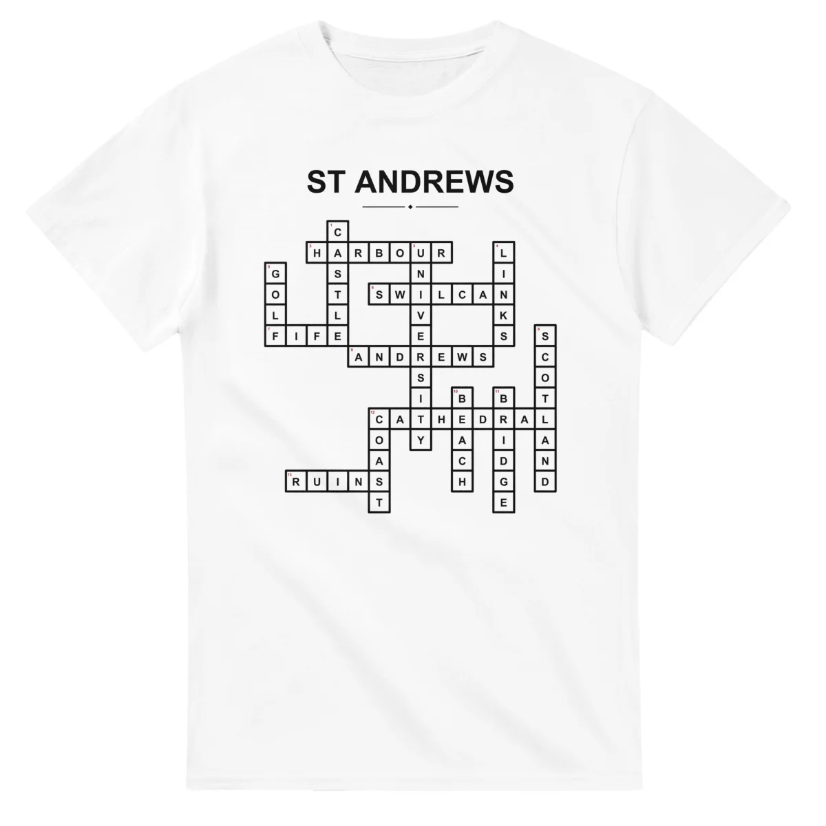 Monochrome crossword sheet for St Andrews, with a large place-name heading, a letter grid, and numbered across and down clues.