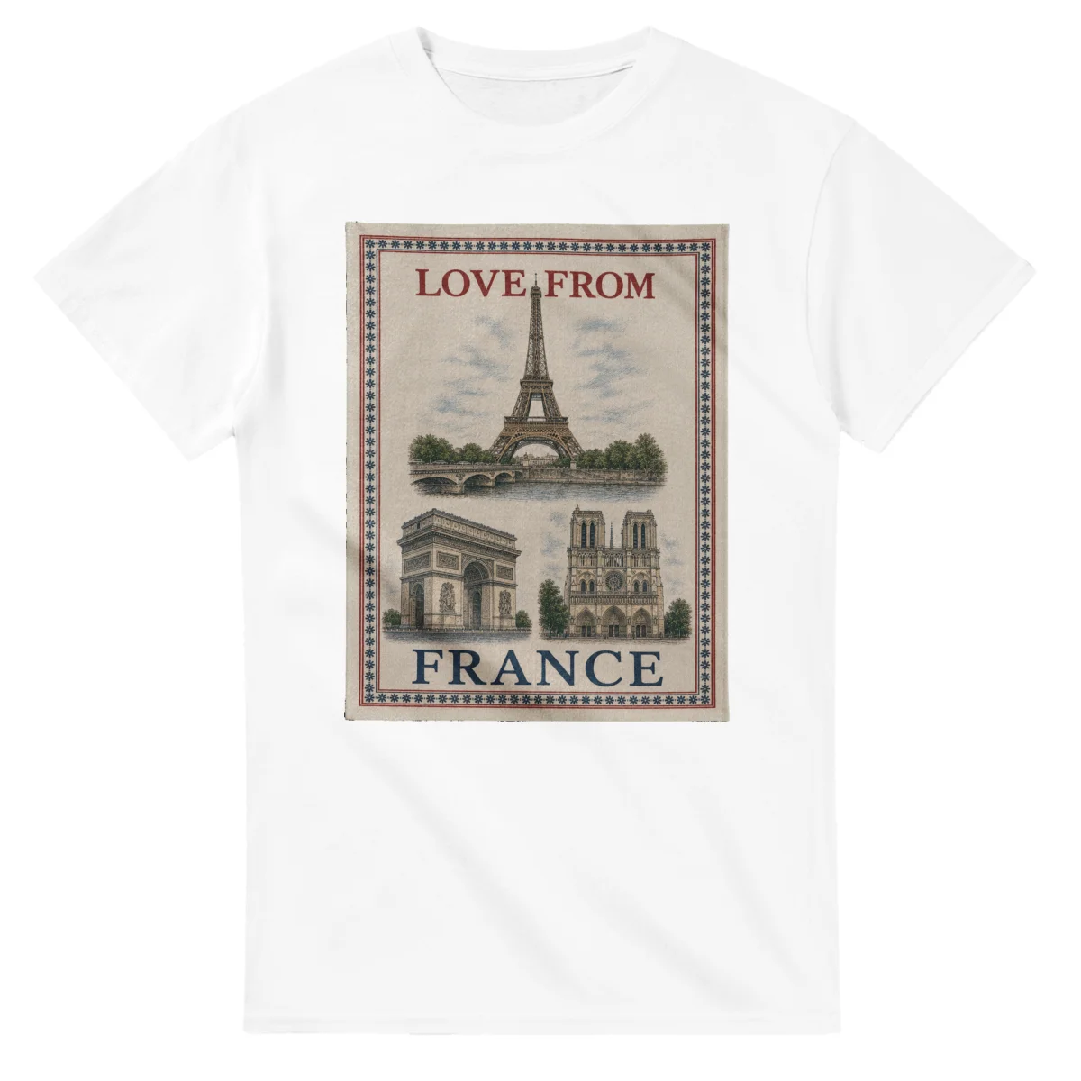 Framed scenic design for France, with several local views, a decorative border and LOVE FROM lettering.