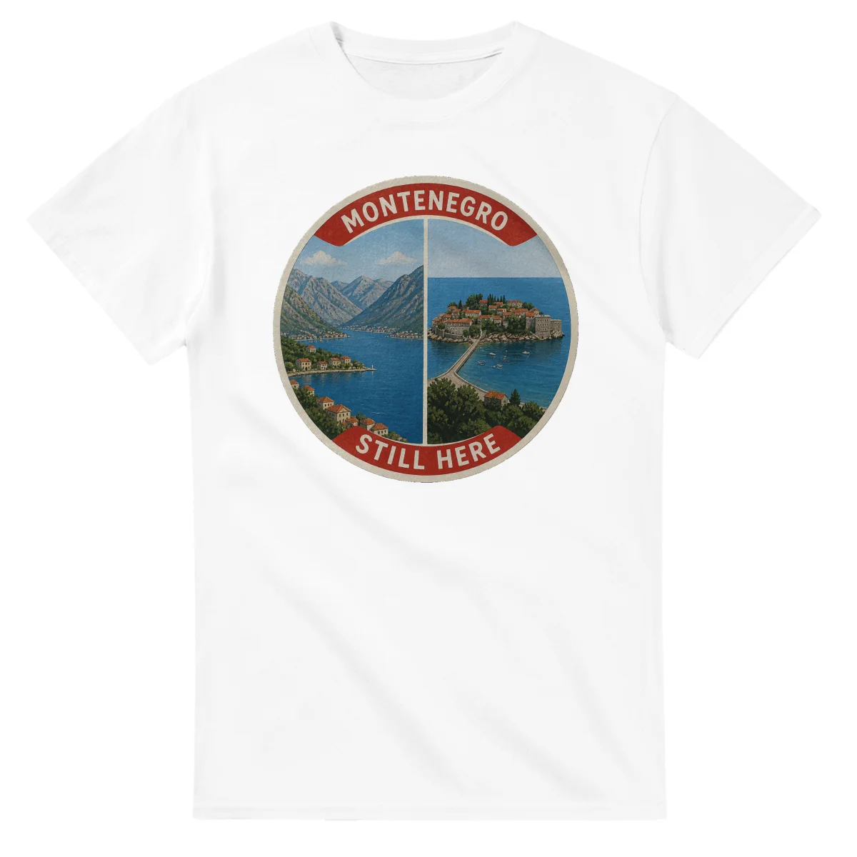 Painted, panelled scenic illustration for Montenegro, with paired local scenes and the place name in lettering.