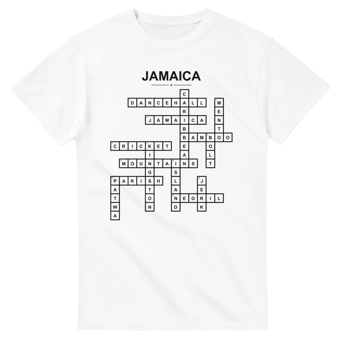 Monochrome crossword sheet for Jamaica, with a large place-name heading, a letter grid, and numbered across and down clues.