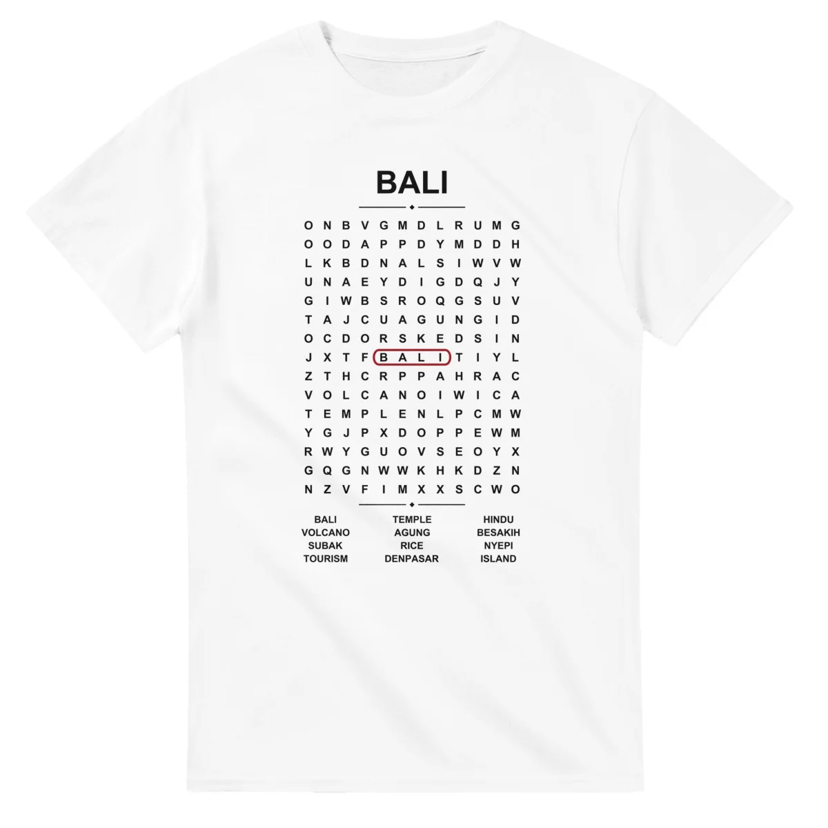 Word-search sheet for Bali, with a large place-name heading, a letter grid, a local answer list, and a red highlighted example word.