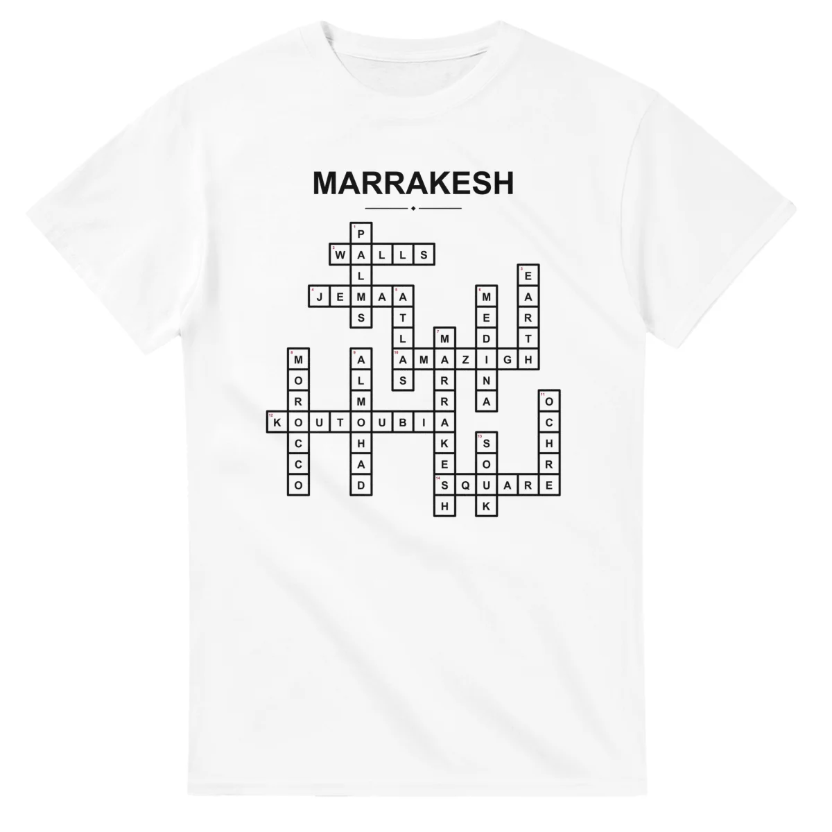 Monochrome crossword sheet for Marrakesh, with a large place-name heading, a letter grid, and numbered across and down clues.