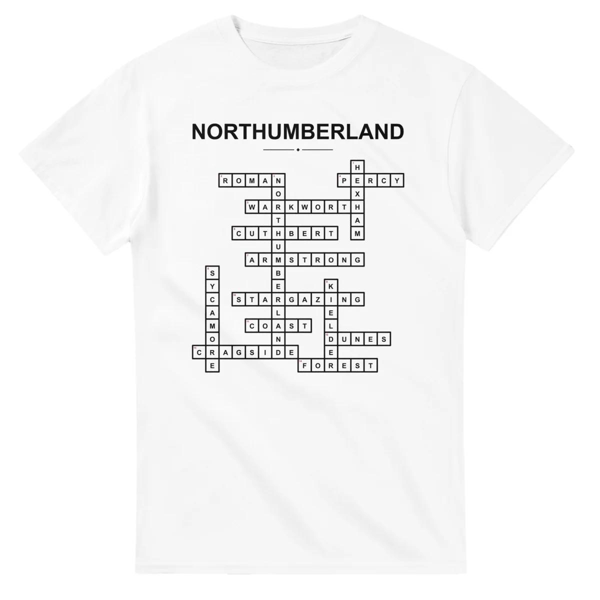 Monochrome crossword sheet for Northumberland, with a large place-name heading, a letter grid, and numbered across and down clues.
