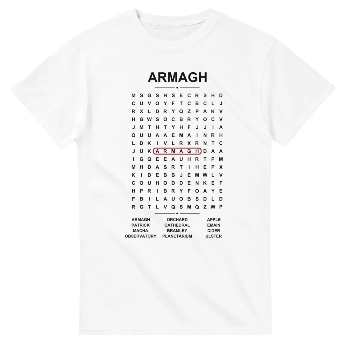 Word-search sheet for County Armagh, with a large place-name heading, a letter grid, a local answer list, and a red highlighted example word.