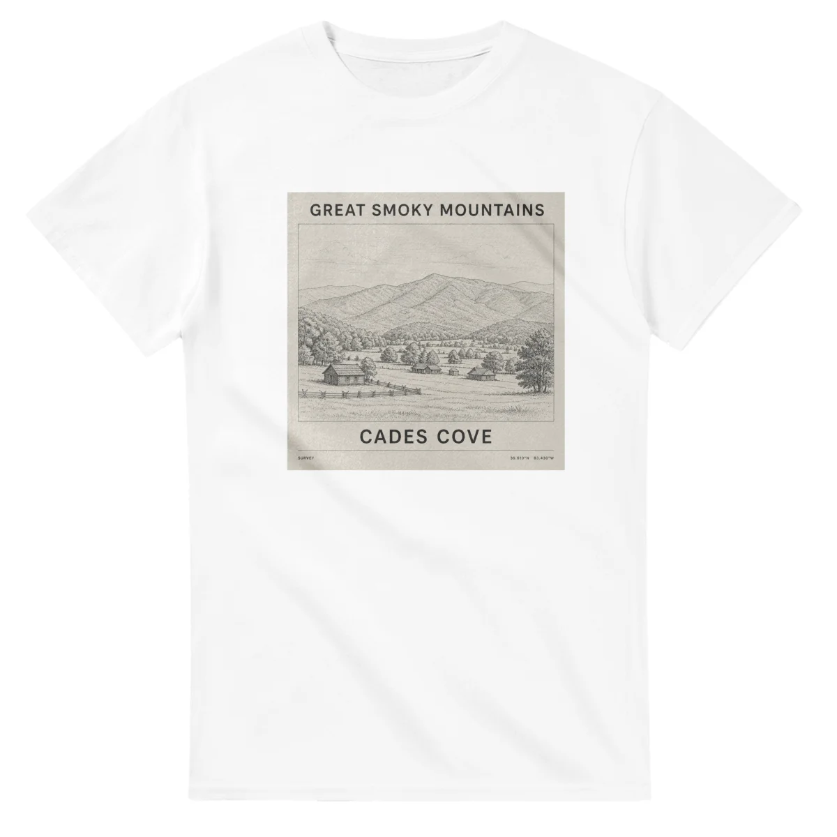 Fine-line engraving-style drawing for Great Smoky Mountains, with a landmark caption and small coordinate text.