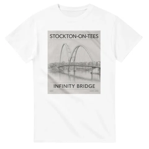 Fine-line engraving-style drawing for Stockton-on-Tees, with a landmark caption and small coordinate text.