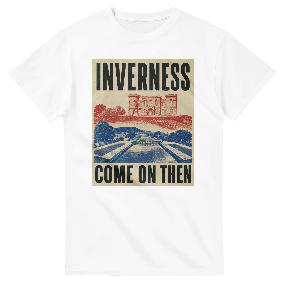 Two-colour scenic illustration for Inverness, with the place name and COME ON THEN lettering.