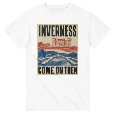 Two-colour scenic illustration for Inverness, with the place name and COME ON THEN lettering.