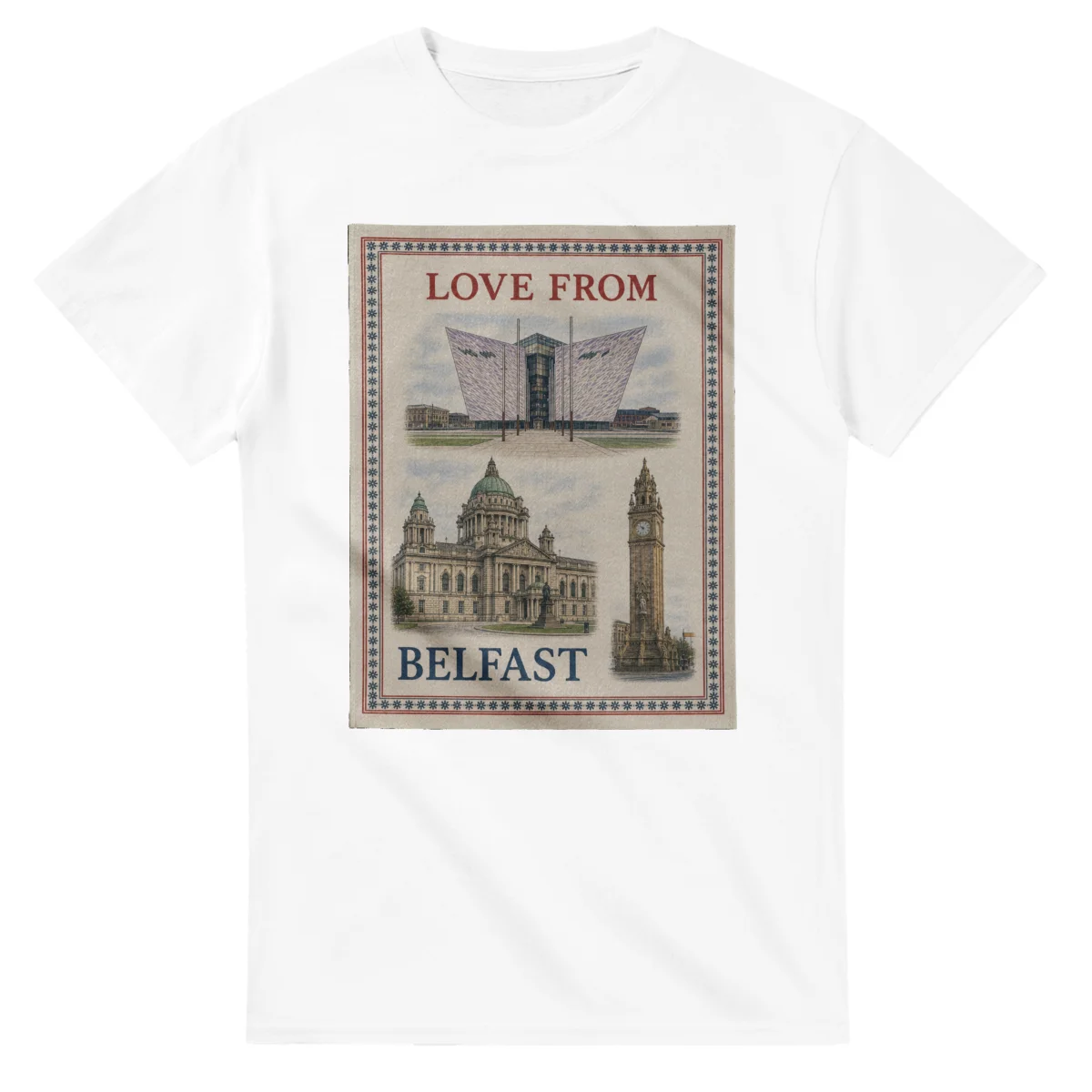 Framed scenic design for Belfast, with several local views, a decorative border and LOVE FROM lettering.