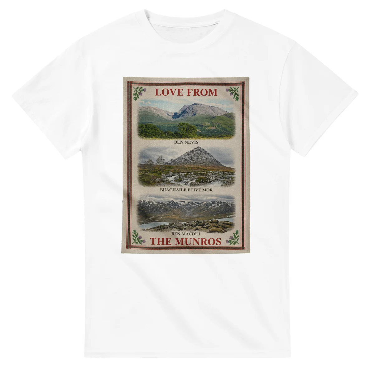 Framed scenic design for The Munros, with several local views, a decorative border and LOVE FROM lettering.