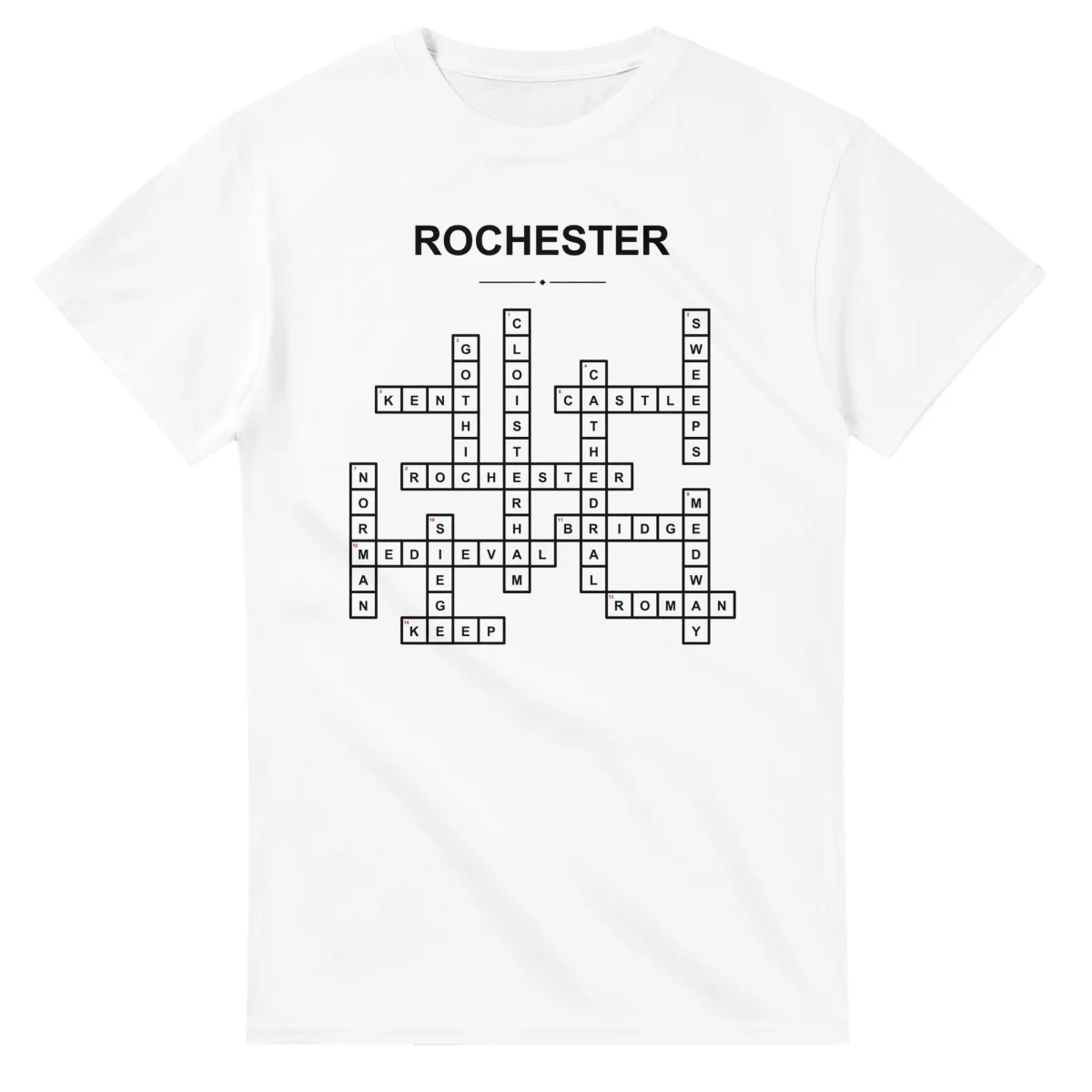 Monochrome crossword sheet for Rochester, with a large place-name heading, a letter grid, and numbered across and down clues.