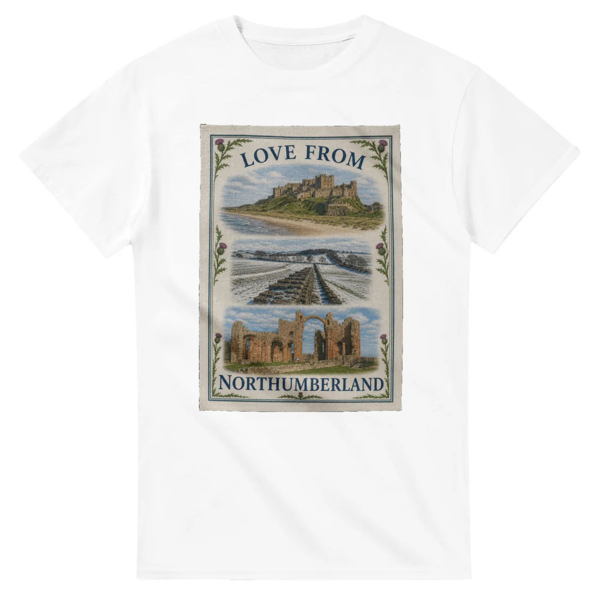 Framed scenic design for Northumberland, with several local views, a decorative border and LOVE FROM lettering.