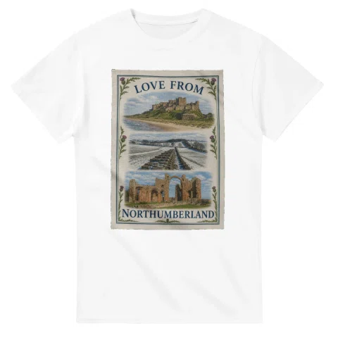 Framed scenic design for Northumberland, with several local views, a decorative border and LOVE FROM lettering.
