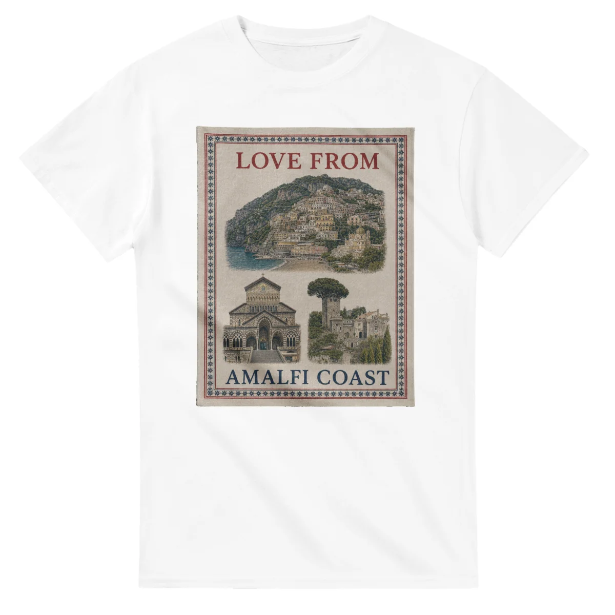 Framed scenic design for Amalfi Coast, with several local views, a decorative border and LOVE FROM lettering.