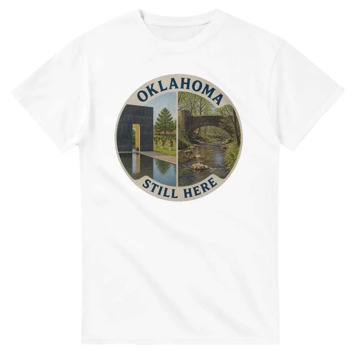 Painted, panelled scenic illustration for Oklahoma, with paired local scenes and the place name in lettering.