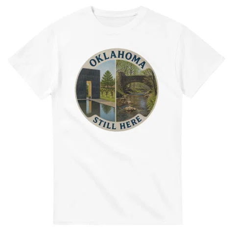 Painted, panelled scenic illustration for Oklahoma, with paired local scenes and the place name in lettering.