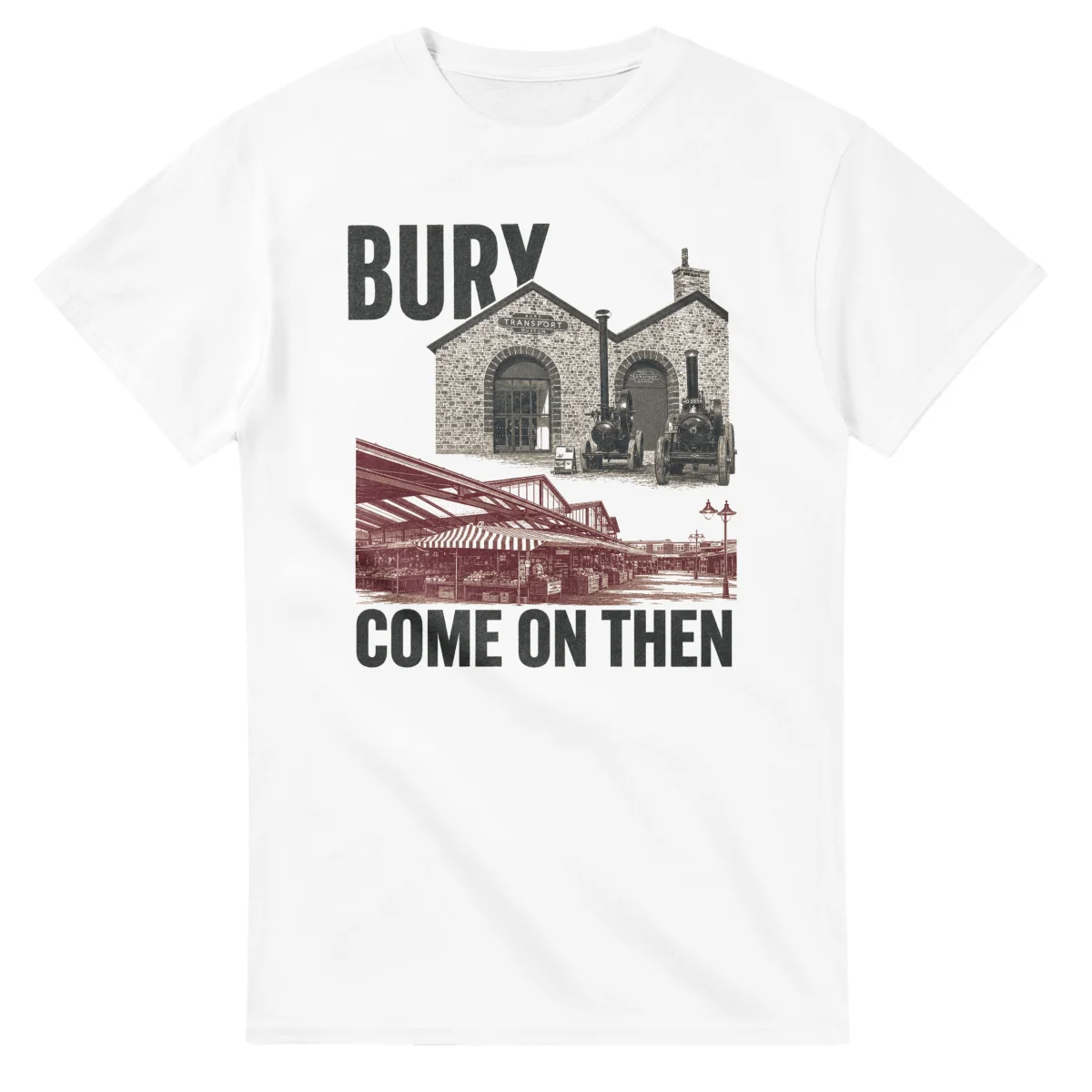 Two-colour scenic illustration for Bury, with the place name and COME ON THEN lettering.