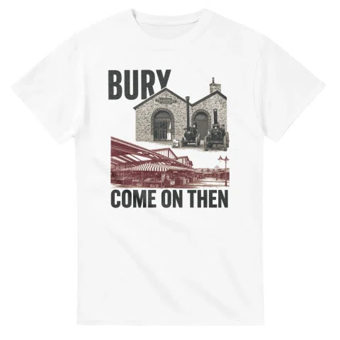 Two-colour scenic illustration for Bury, with the place name and COME ON THEN lettering.