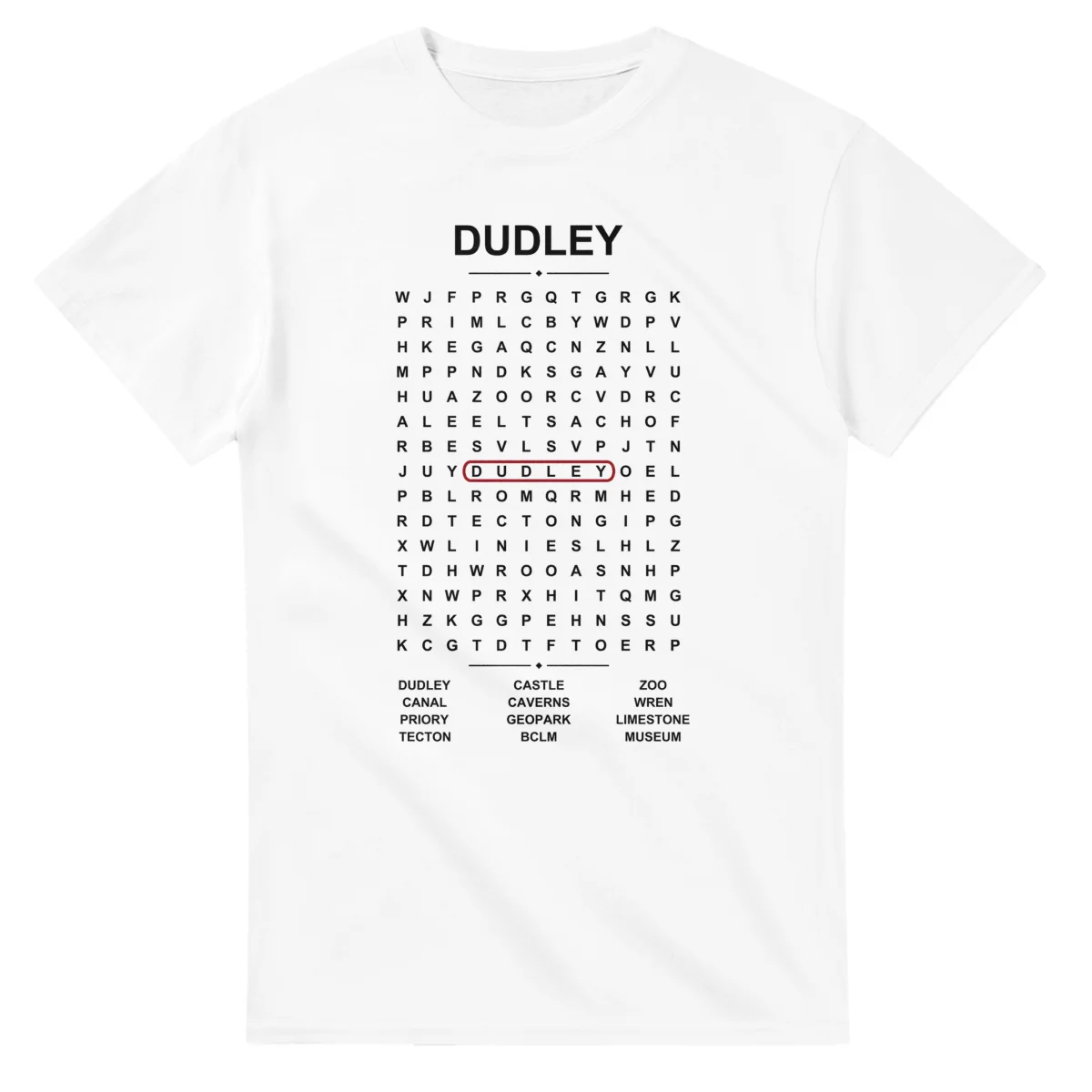 Word-search sheet for Dudley, with a large place-name heading, a letter grid, a local answer list, and a red highlighted example word.