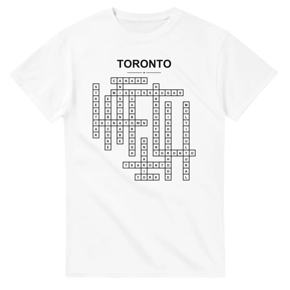 Monochrome crossword sheet for Toronto, with a large place-name heading, a letter grid, and numbered across and down clues.
