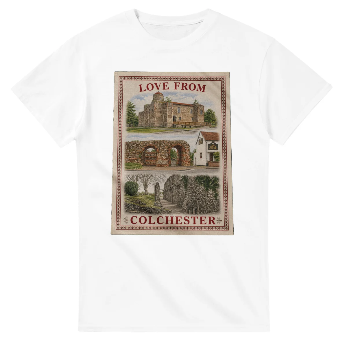 Framed scenic design for Colchester, with several local views, a decorative border and LOVE FROM lettering.