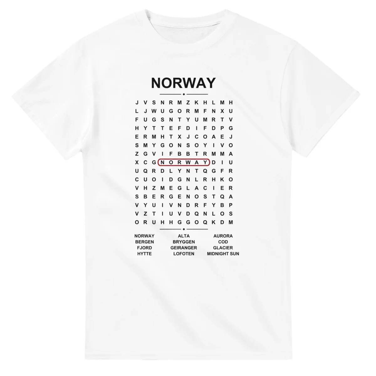 Word-search sheet for Norway, with a large place-name heading, a letter grid, a local answer list, and a red highlighted example word.