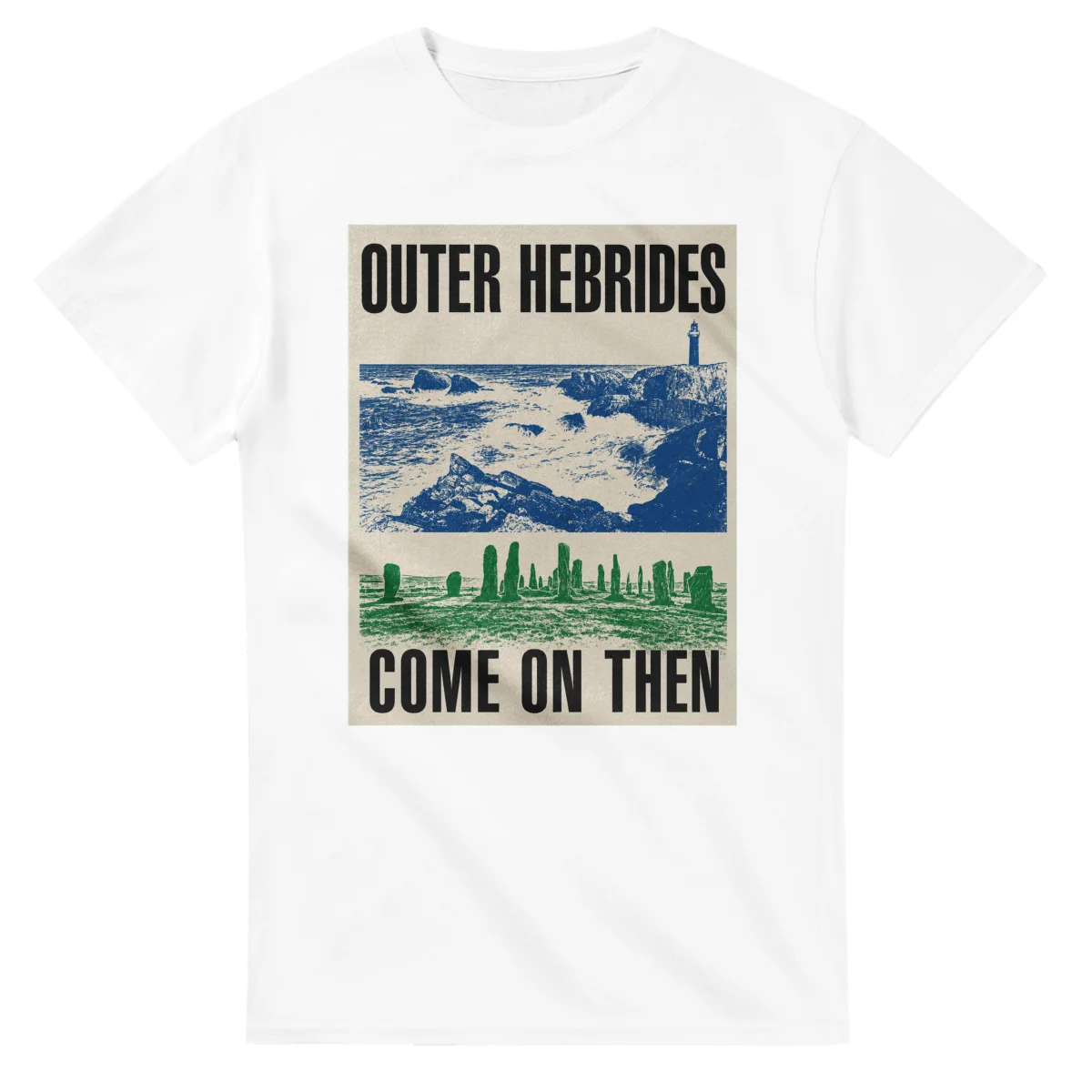 Two-colour scenic illustration for Outer Hebrides, with the place name and COME ON THEN lettering.