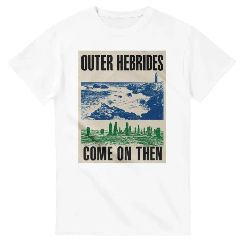 Two-colour scenic illustration for Outer Hebrides, with the place name and COME ON THEN lettering.