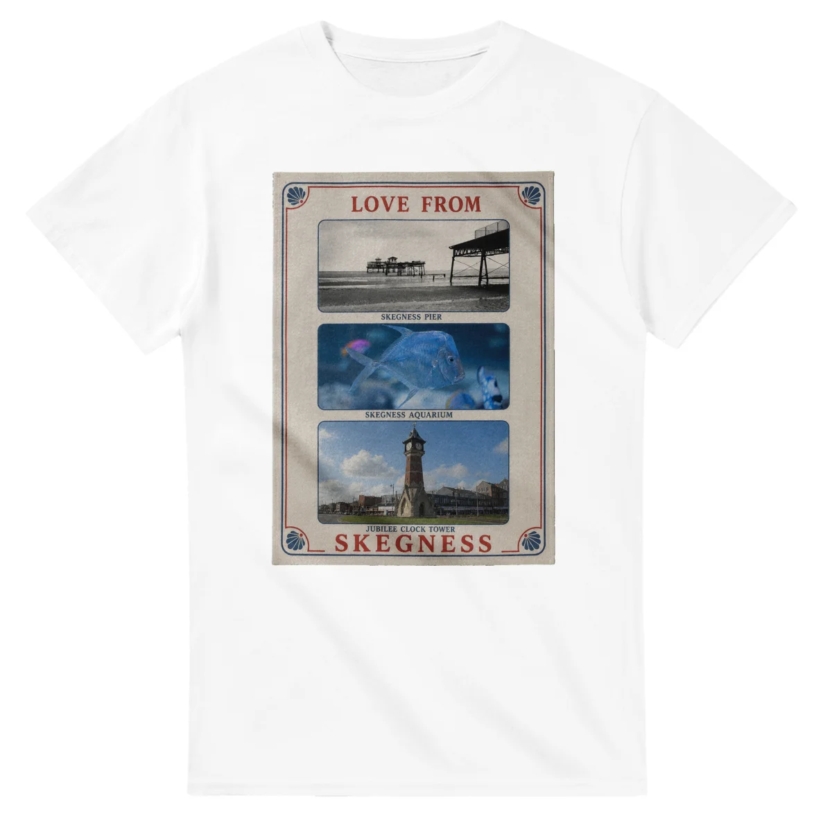 Framed scenic design for Skegness, with several local views, a decorative border and LOVE FROM lettering.