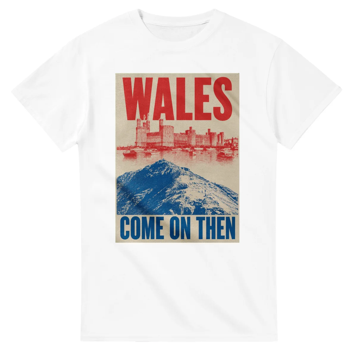 Two-colour scenic illustration for Wales, with the place name and COME ON THEN lettering.