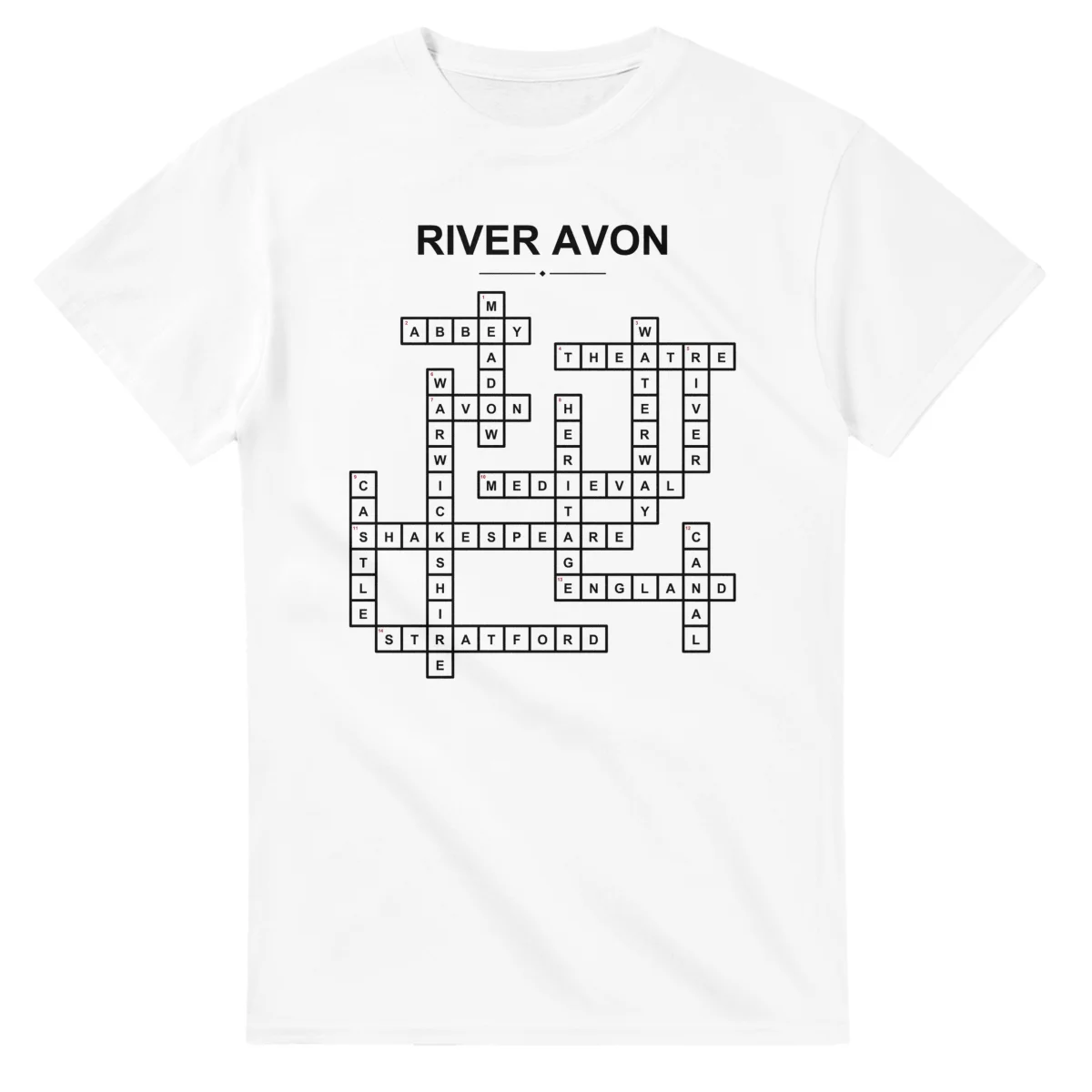 Monochrome crossword sheet for River Avon, with a large place-name heading, a letter grid, and numbered across and down clues.