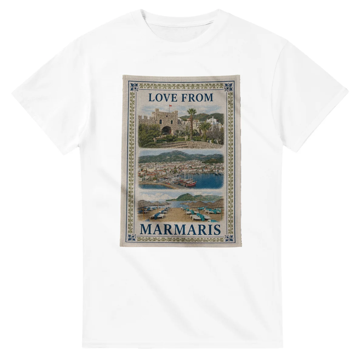 Framed scenic design for Marmaris, with several local views, a decorative border and LOVE FROM lettering.