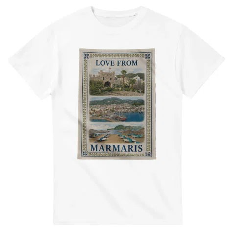 Framed scenic design for Marmaris, with several local views, a decorative border and LOVE FROM lettering.