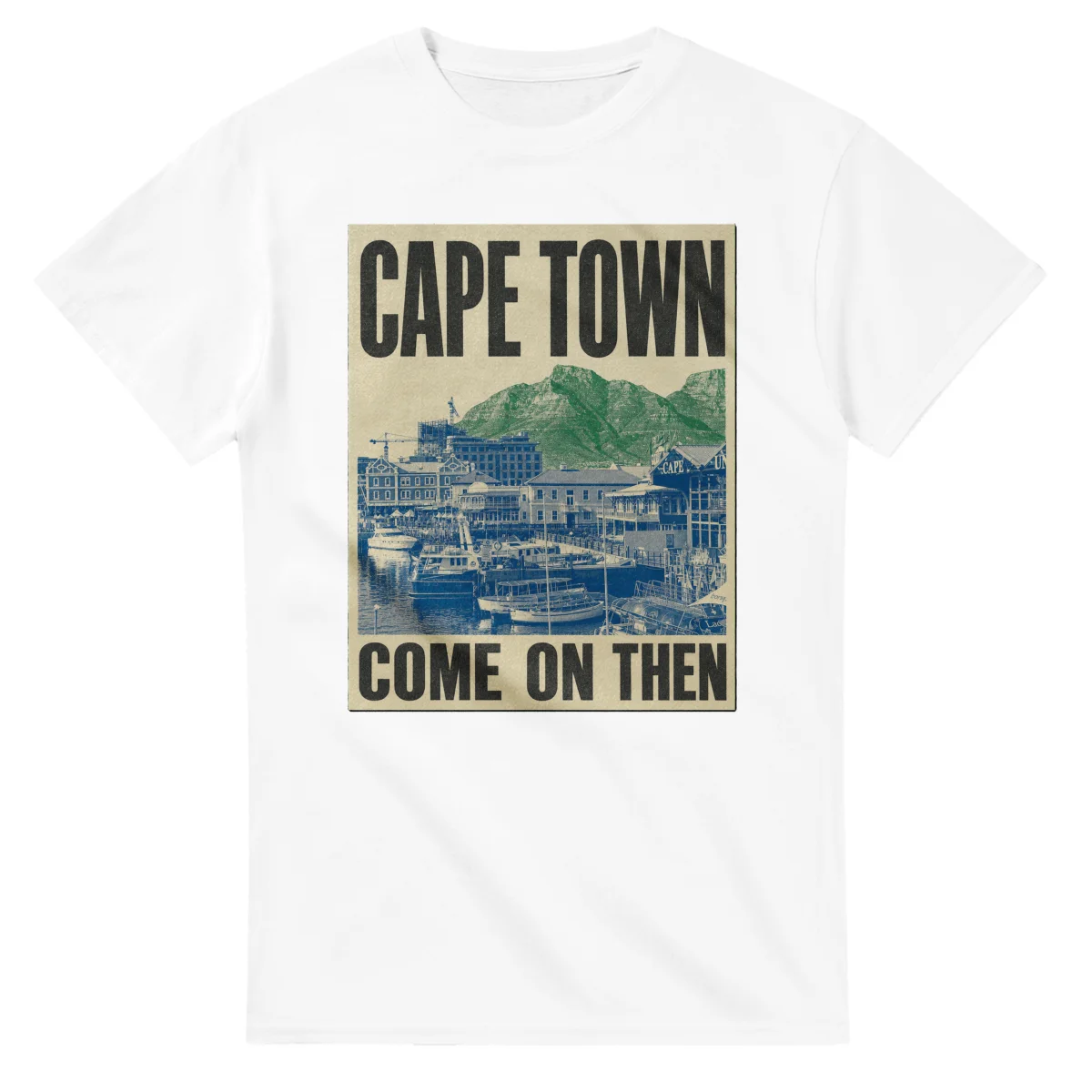 Two-colour scenic illustration for Cape Town, with the place name and COME ON THEN lettering.