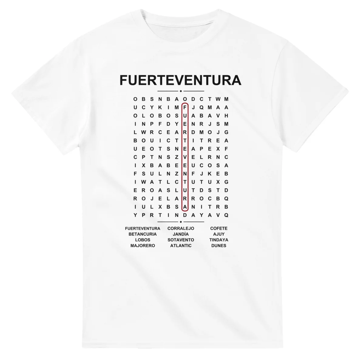 Word-search sheet for Fuerteventura, with a large place-name heading, a letter grid, a local answer list, and a red highlighted example word.