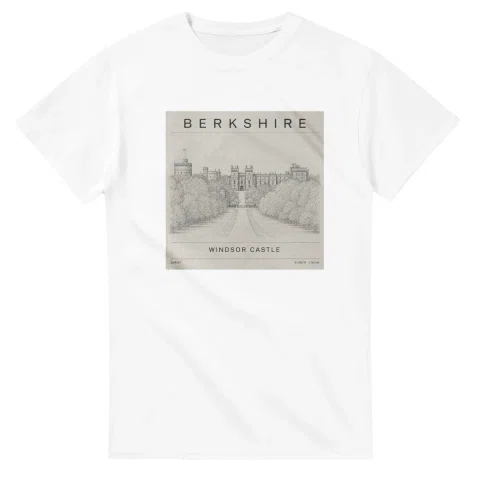 Fine-line engraving-style drawing for Berkshire, with a landmark caption and small coordinate text.