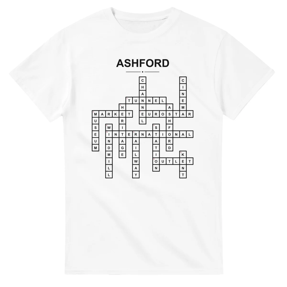 Monochrome crossword sheet for Ashford, with a large place-name heading, a letter grid, and numbered across and down clues.