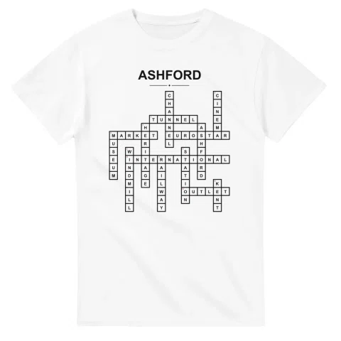 Monochrome crossword sheet for Ashford, with a large place-name heading, a letter grid, and numbered across and down clues.