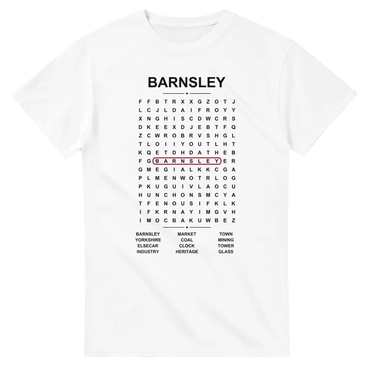 Word-search sheet for Barnsley, with a large place-name heading, a letter grid, a local answer list, and a red highlighted example word.
