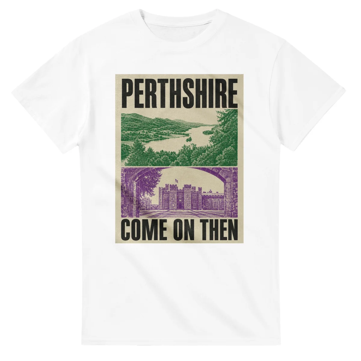 Two-colour scenic illustration for Perthshire, with the place name and COME ON THEN lettering.