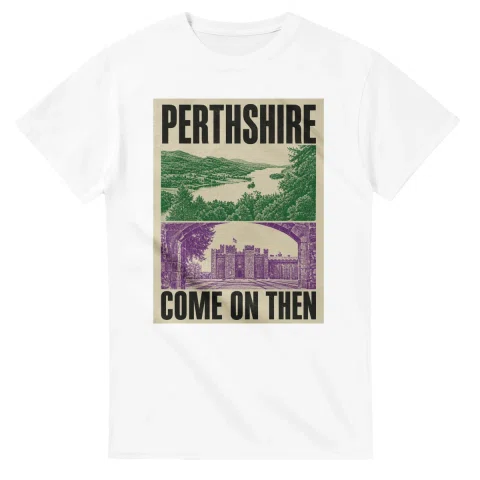Two-colour scenic illustration for Perthshire, with the place name and COME ON THEN lettering.