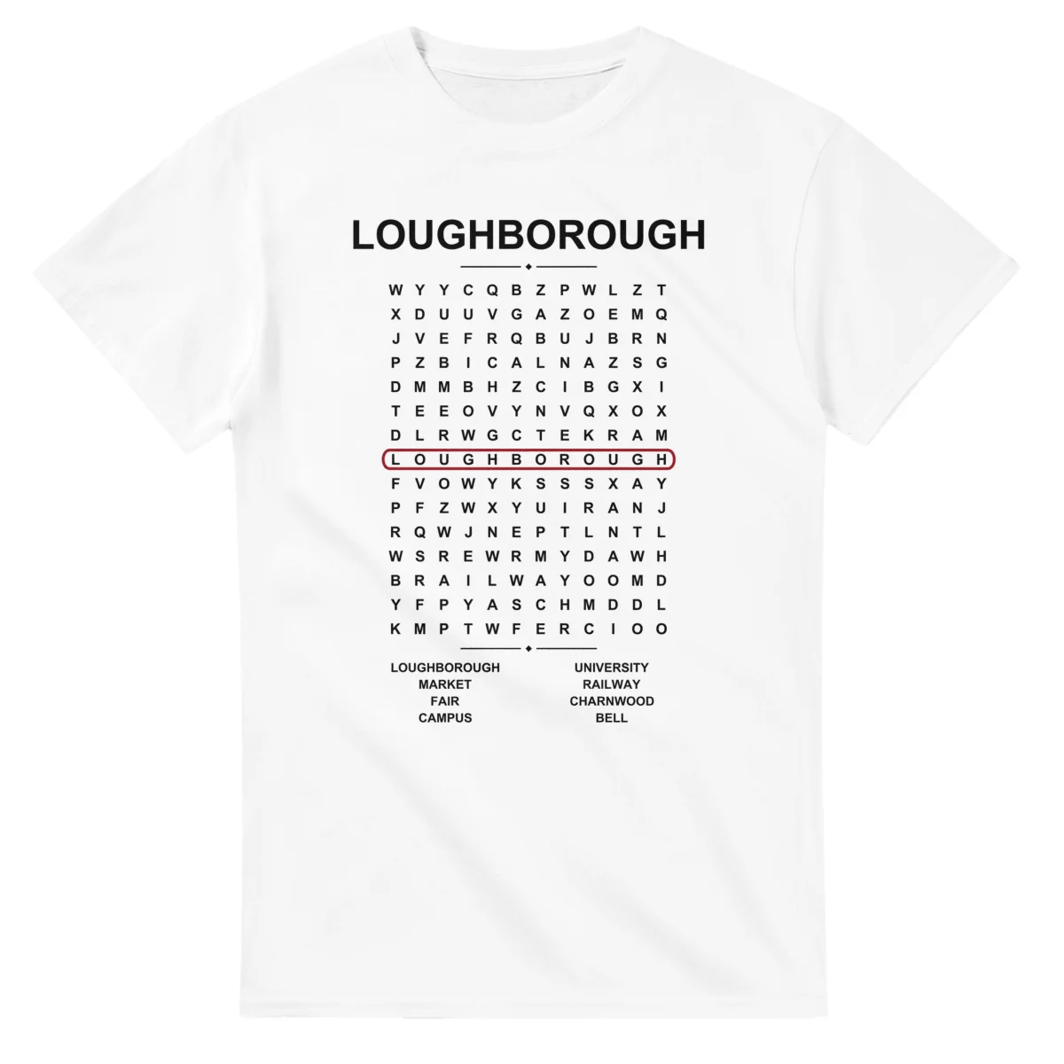 Word-search sheet for Loughborough, with a large place-name heading, a letter grid, a local answer list, and a red highlighted example word.