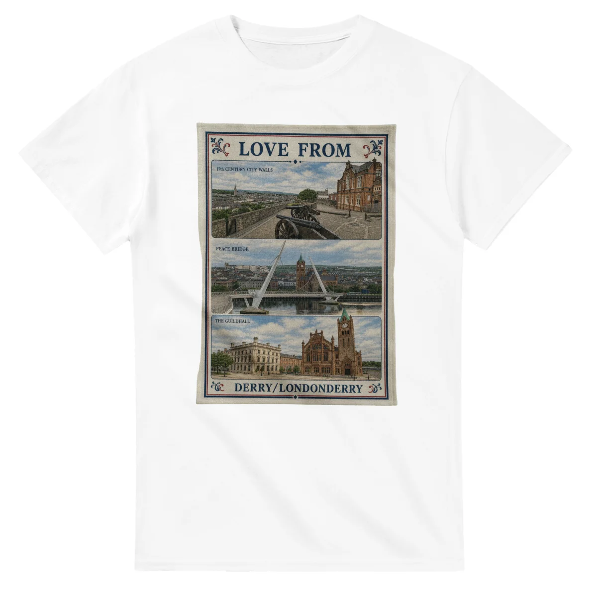 Framed scenic design for Derry/Londonderry, with several local views, a decorative border and LOVE FROM lettering.