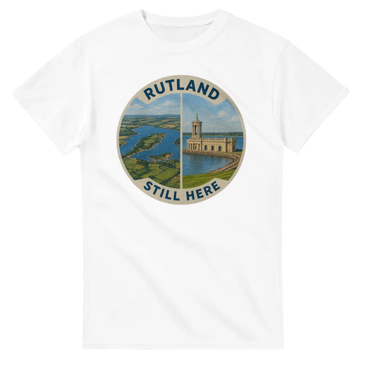 Painted, panelled scenic illustration for Rutland, with paired local scenes and the place name in lettering.
