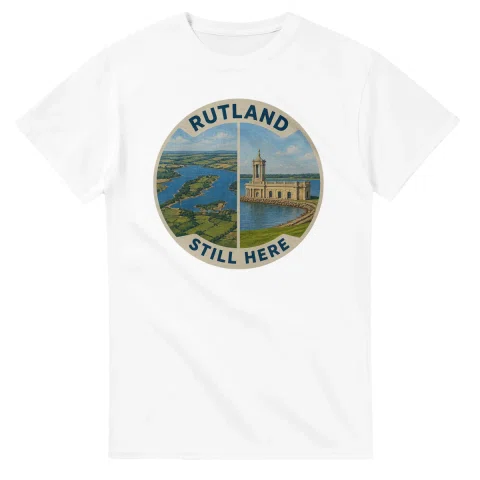 Painted, panelled scenic illustration for Rutland, with paired local scenes and the place name in lettering.