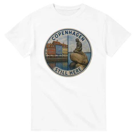 Painted, panelled scenic illustration for Copenhagen, with paired local scenes and the place name in lettering.