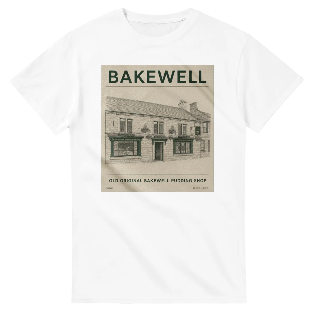 Fine-line engraving-style drawing for Bakewell, with a landmark caption and small coordinate text.